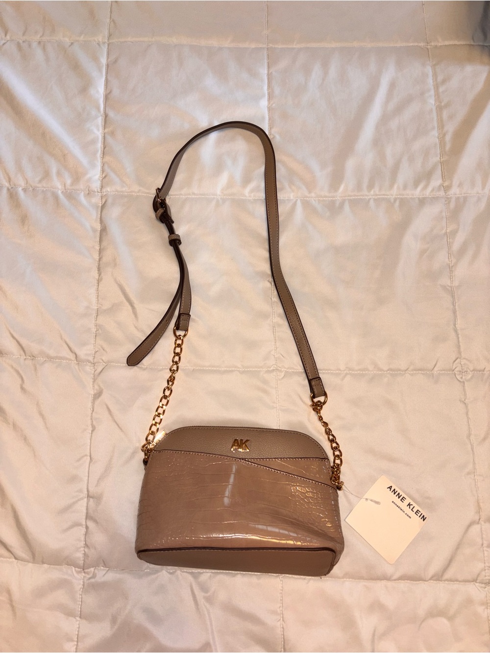 Anne Klein Taupe Croc-Embossed Crossbody with Gold Chain Accents